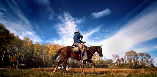 Beautiful photo of cowboy on horse with blue sky and wide angle background